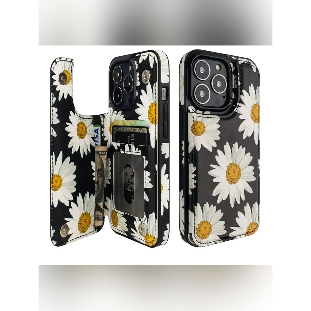 Daisy Print Wallet Phone Case - Black & White